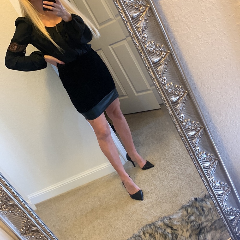 Bar III Velvet  printed, leather trim skirt - Picture 10 of 17